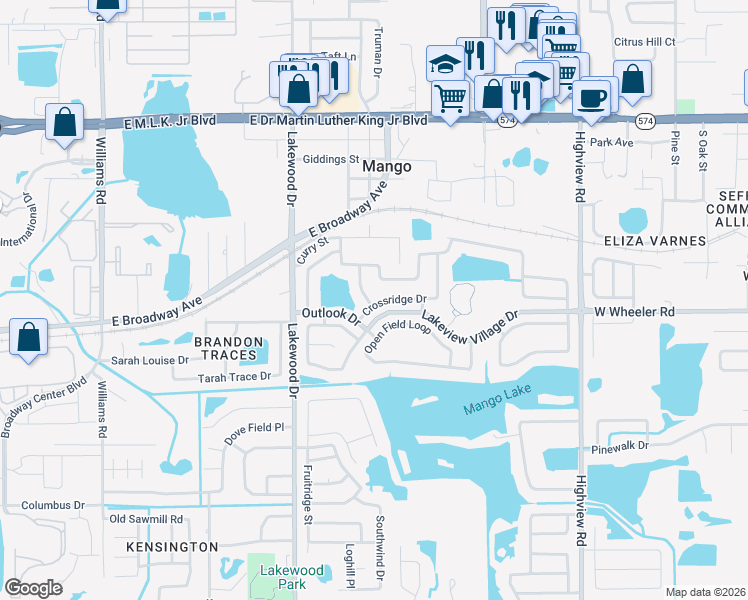 map of restaurants, bars, coffee shops, grocery stores, and more near 2101 Shady Point Lane in Brandon
