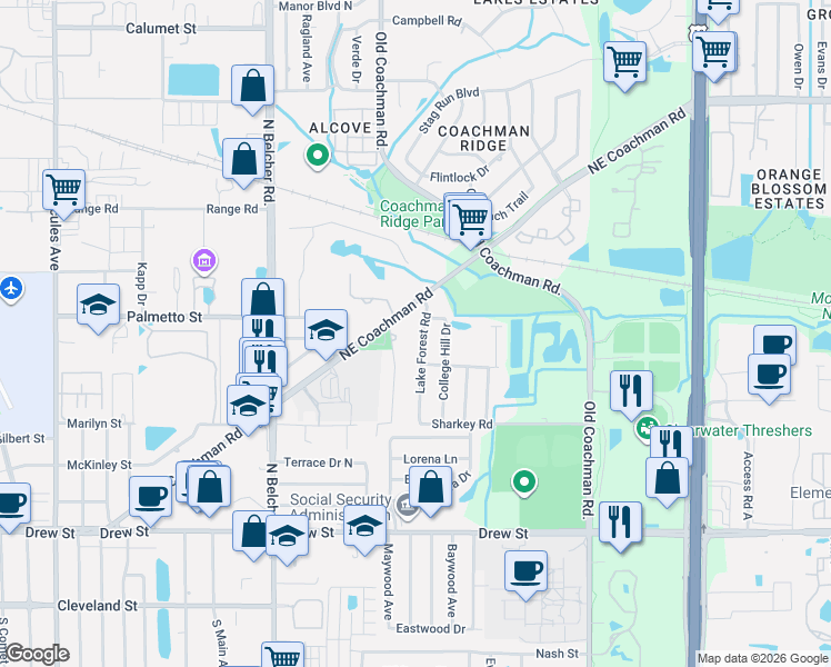 map of restaurants, bars, coffee shops, grocery stores, and more near 955 Lake Forest Road in Clearwater