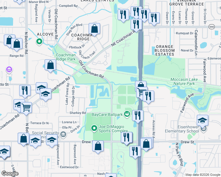 map of restaurants, bars, coffee shops, grocery stores, and more near 806 Old Coachman Road in Clearwater