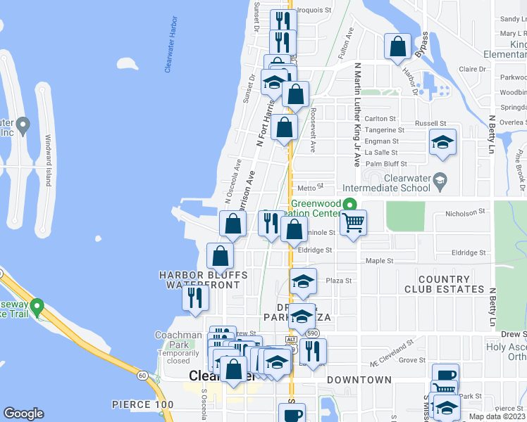 map of restaurants, bars, coffee shops, grocery stores, and more near 604 Nicholson Street in Clearwater