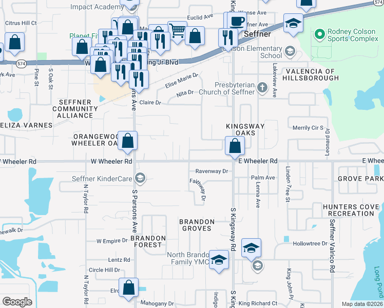 map of restaurants, bars, coffee shops, grocery stores, and more near 2310 Bandy Drive in Seffner