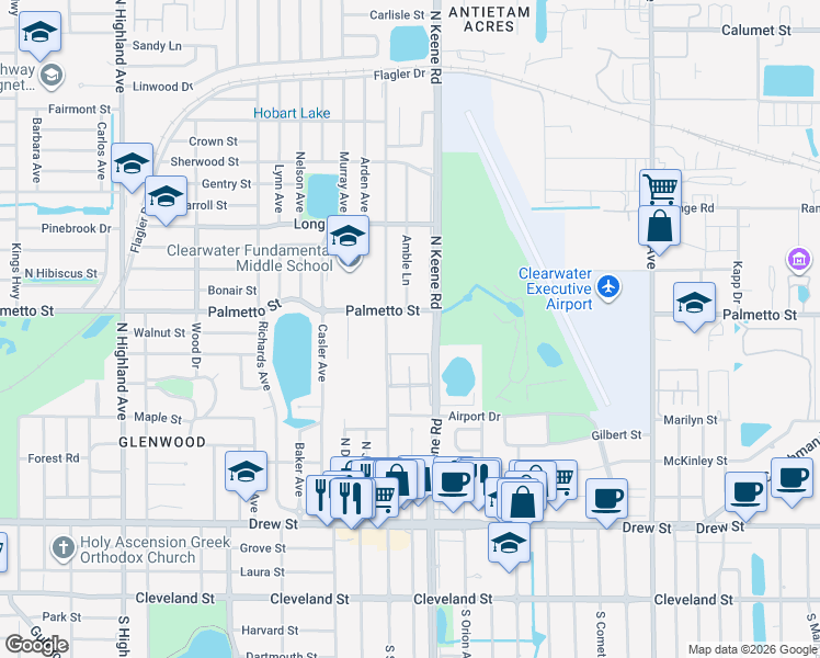map of restaurants, bars, coffee shops, grocery stores, and more near 901 North Saturn Avenue in Clearwater