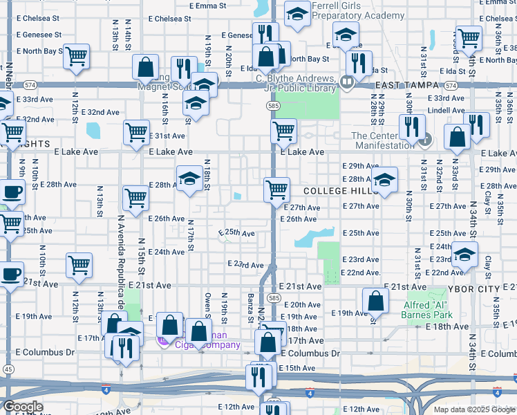map of restaurants, bars, coffee shops, grocery stores, and more near 3402 North 22nd Street in Tampa