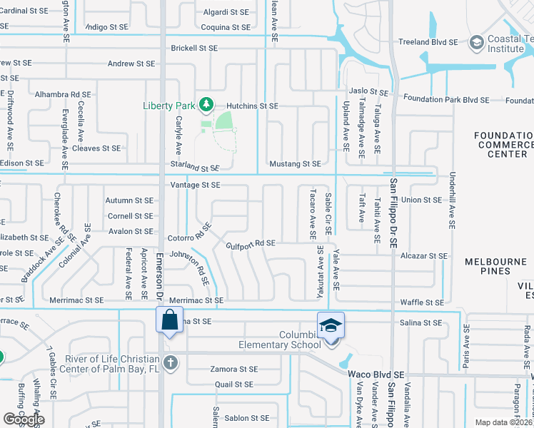 map of restaurants, bars, coffee shops, grocery stores, and more near 921 Sable Circle Southeast in Palm Bay