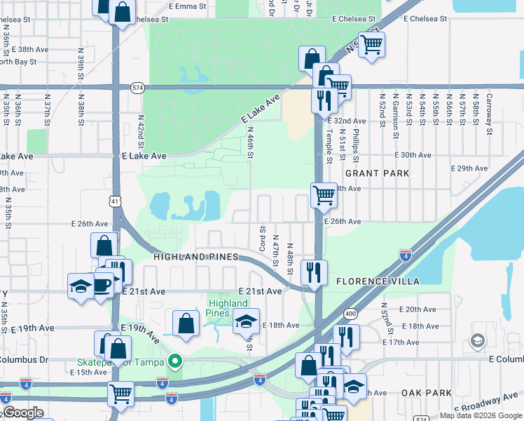 map of restaurants, bars, coffee shops, grocery stores, and more near 3410 Cord Street in Tampa