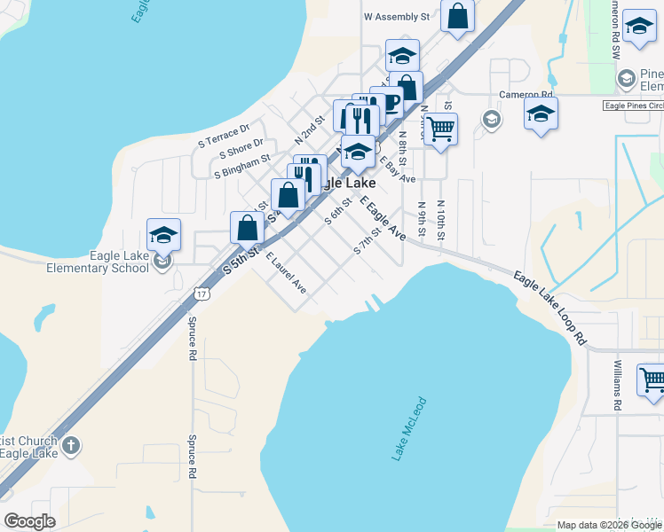 map of restaurants, bars, coffee shops, grocery stores, and more near 688 East McLeod Avenue in Eagle Lake