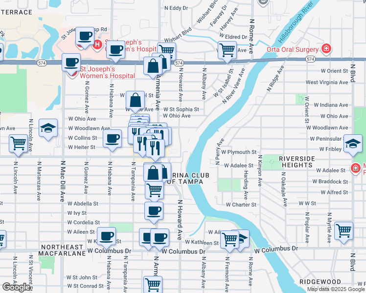 map of restaurants, bars, coffee shops, grocery stores, and more near 4015 North River View Avenue in Tampa