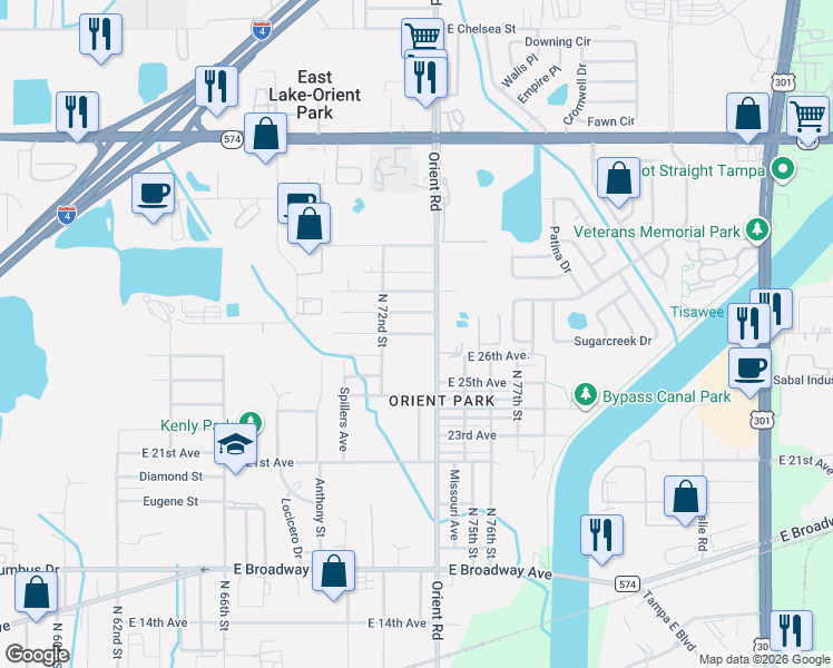 map of restaurants, bars, coffee shops, grocery stores, and more near 7216 Westinghouse Avenue in Tampa