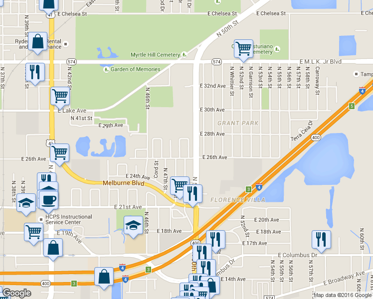 map of restaurants, bars, coffee shops, grocery stores, and more near 3410 North 49th Street in Tampa