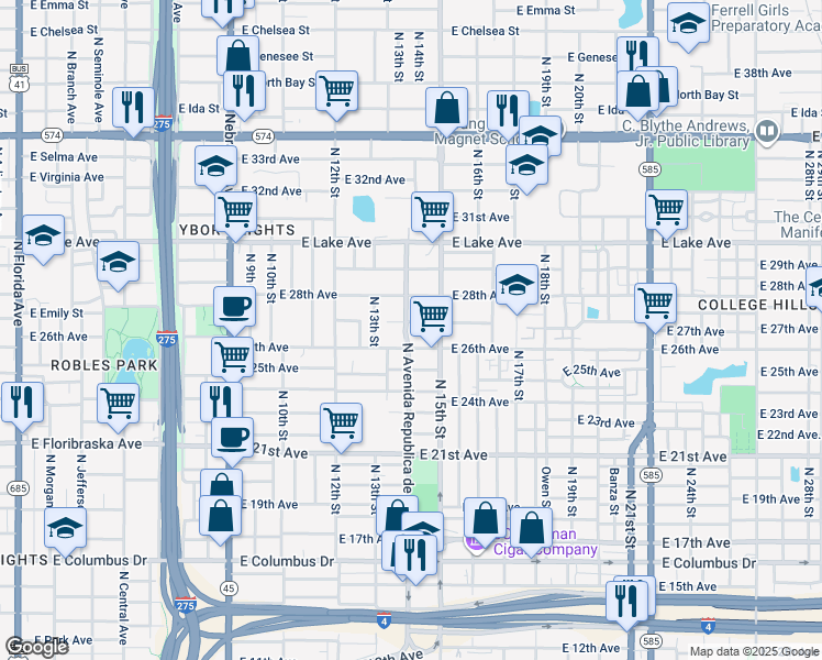 map of restaurants, bars, coffee shops, grocery stores, and more near 3406 North Avenida Republica de Cuba in Tampa