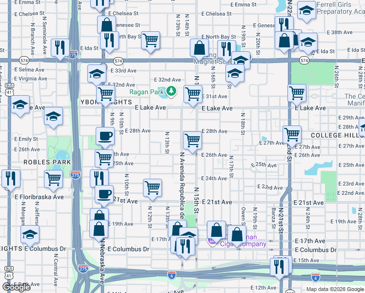 map of restaurants, bars, coffee shops, grocery stores, and more near 3406 North Avenida Republica de Cuba in Tampa