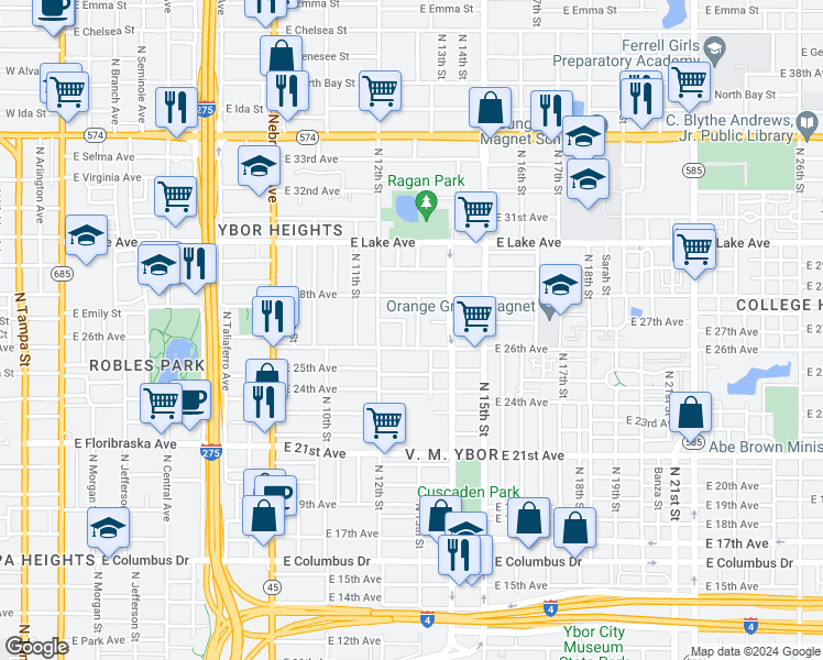 map of restaurants, bars, coffee shops, grocery stores, and more near 1211 East 27th Avenue in Tampa