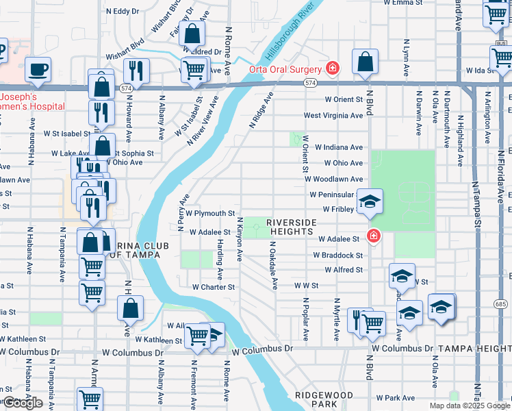 map of restaurants, bars, coffee shops, grocery stores, and more near 1007 West Fribley Street in Tampa