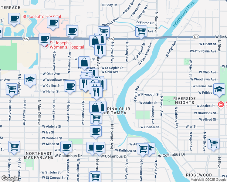 map of restaurants, bars, coffee shops, grocery stores, and more near 4015 North River View Avenue in Tampa