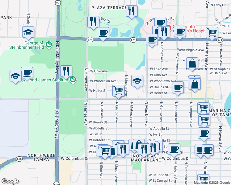 map of restaurants, bars, coffee shops, grocery stores, and more near 3352 West Hidden Haven Court in Tampa
