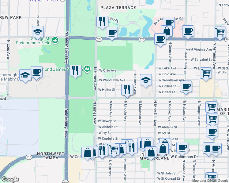 map of restaurants, bars, coffee shops, grocery stores, and more near 4011 North Glen Avenue in Tampa