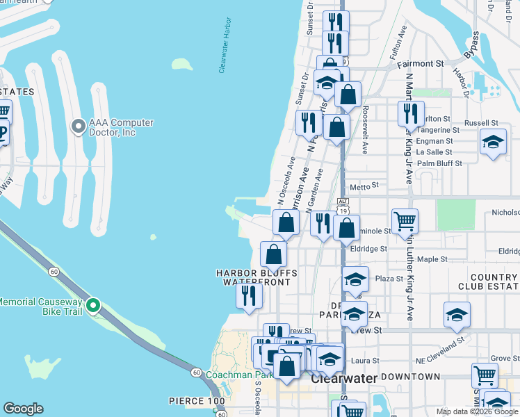 map of restaurants, bars, coffee shops, grocery stores, and more near 301 Cedar Street in Clearwater