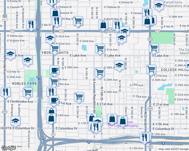 map of restaurants, bars, coffee shops, grocery stores, and more near 3406 North Avenida Republica de Cuba in Tampa