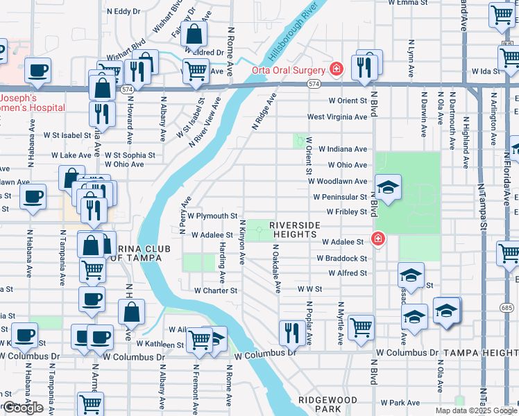 map of restaurants, bars, coffee shops, grocery stores, and more near 1007 West Fribley Street in Tampa