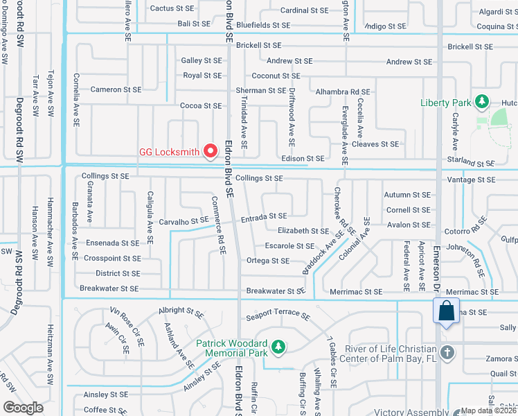 map of restaurants, bars, coffee shops, grocery stores, and more near 980 Carrot Avenue Southeast in Palm Bay