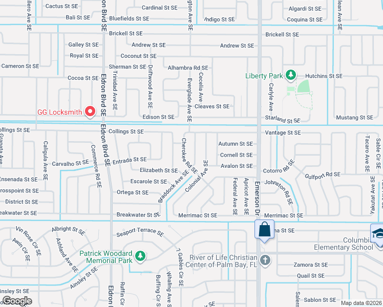 map of restaurants, bars, coffee shops, grocery stores, and more near 947 Braddock Avenue Southeast in Palm Bay