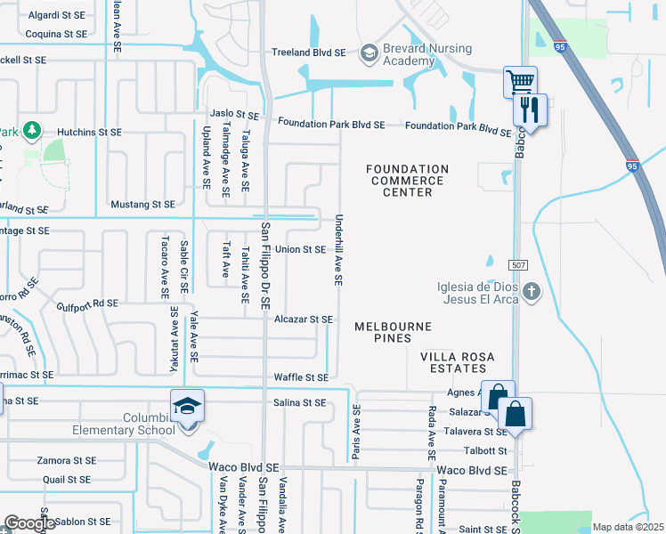 map of restaurants, bars, coffee shops, grocery stores, and more near 964 Underhill Avenue Southeast in Palm Bay