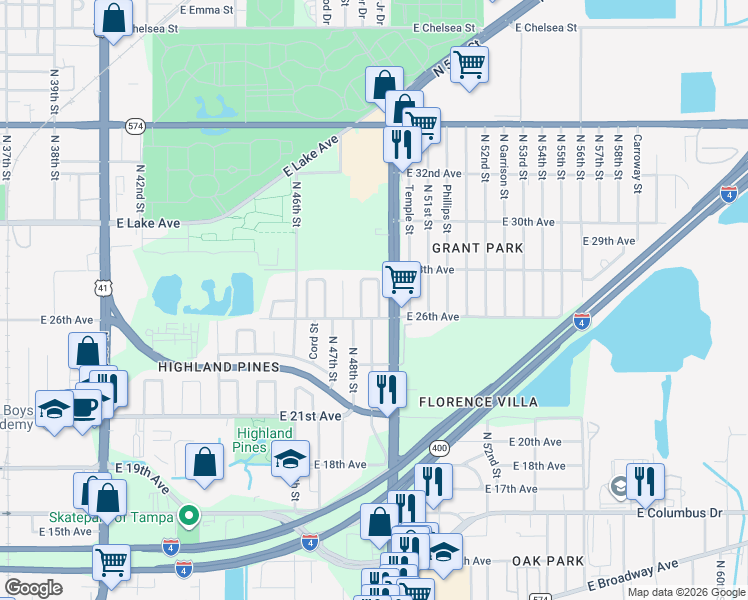 map of restaurants, bars, coffee shops, grocery stores, and more near 3410 North 49th Street in Tampa