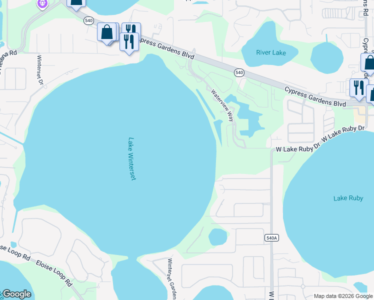 map of restaurants, bars, coffee shops, grocery stores, and more near 1126 Shoreline Lane in Winter Haven