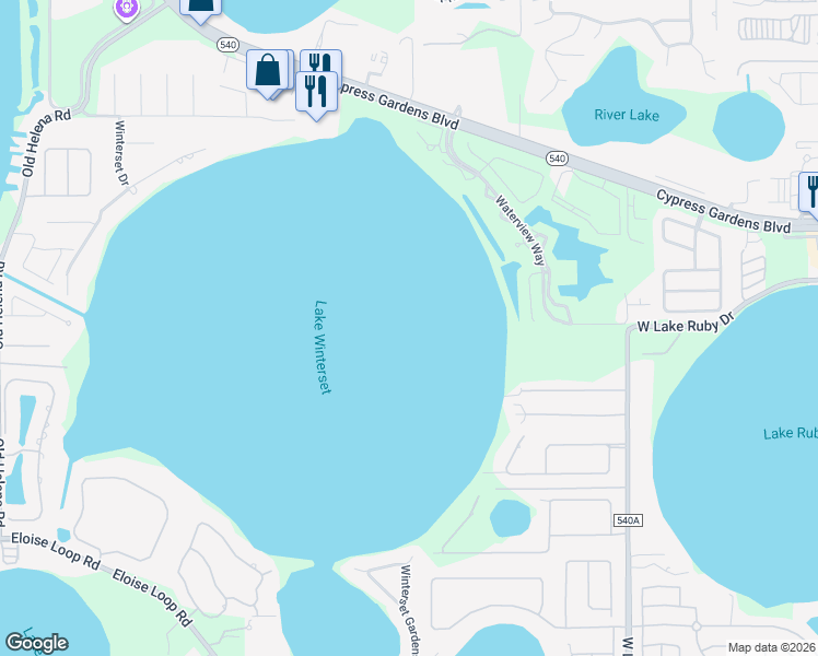 map of restaurants, bars, coffee shops, grocery stores, and more near 1124 Shoreline Lane in Winter Haven