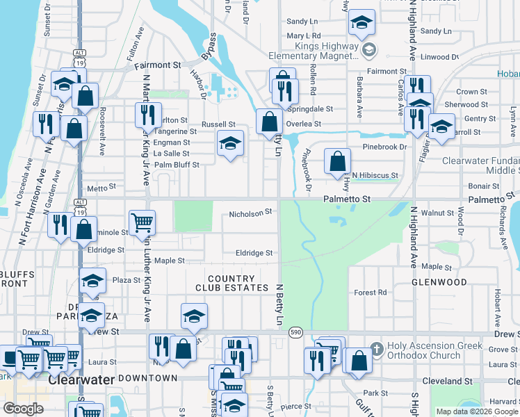 map of restaurants, bars, coffee shops, grocery stores, and more near 1270 Nichalson Street in Clearwater