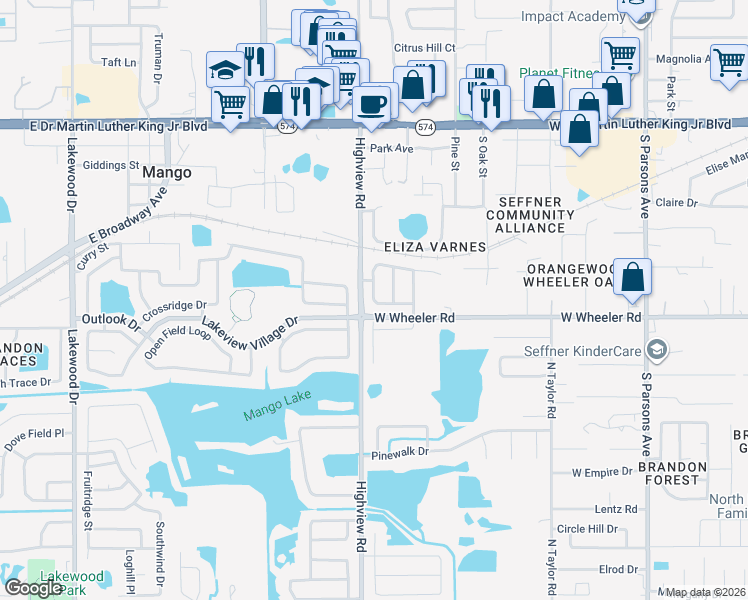 map of restaurants, bars, coffee shops, grocery stores, and more near 1311 Canyon Oaks Drive in Brandon