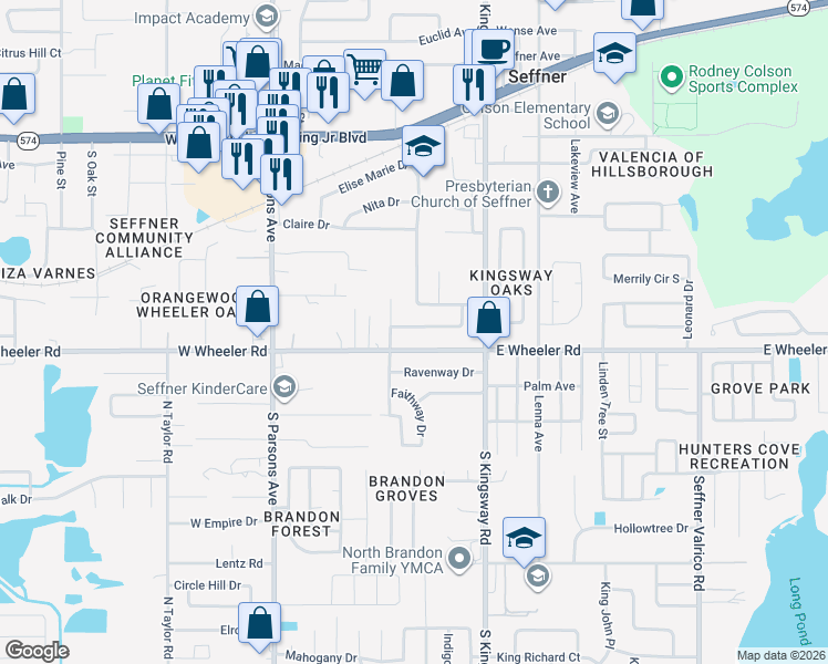 map of restaurants, bars, coffee shops, grocery stores, and more near 220 Mary Ellen Avenue in Seffner
