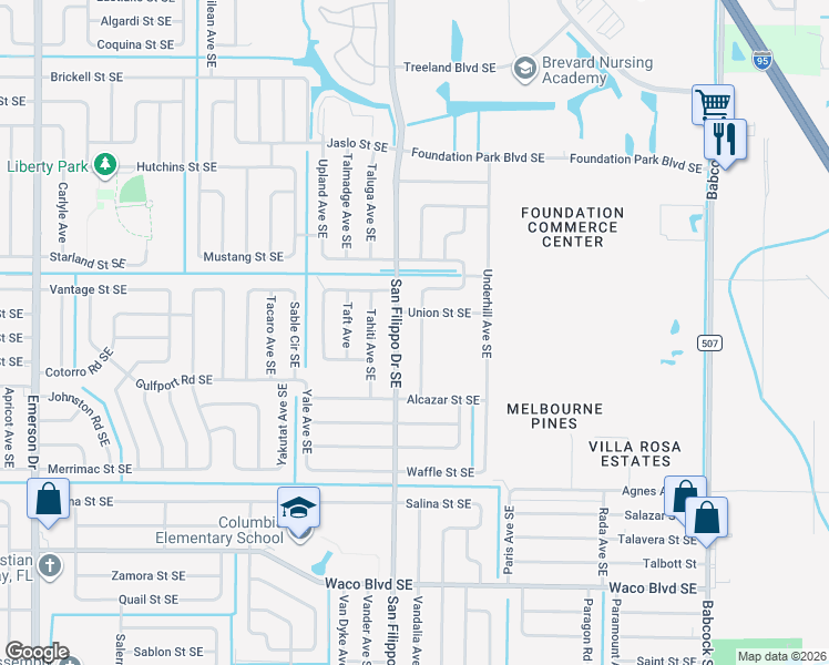 map of restaurants, bars, coffee shops, grocery stores, and more near 958 Ulster Avenue Southeast in Palm Bay