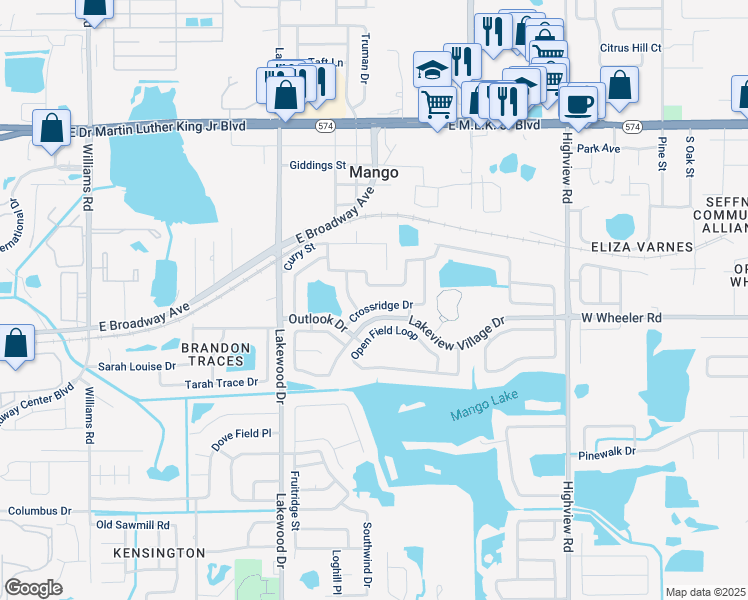 map of restaurants, bars, coffee shops, grocery stores, and more near 1626 Crossridge Drive in Brandon