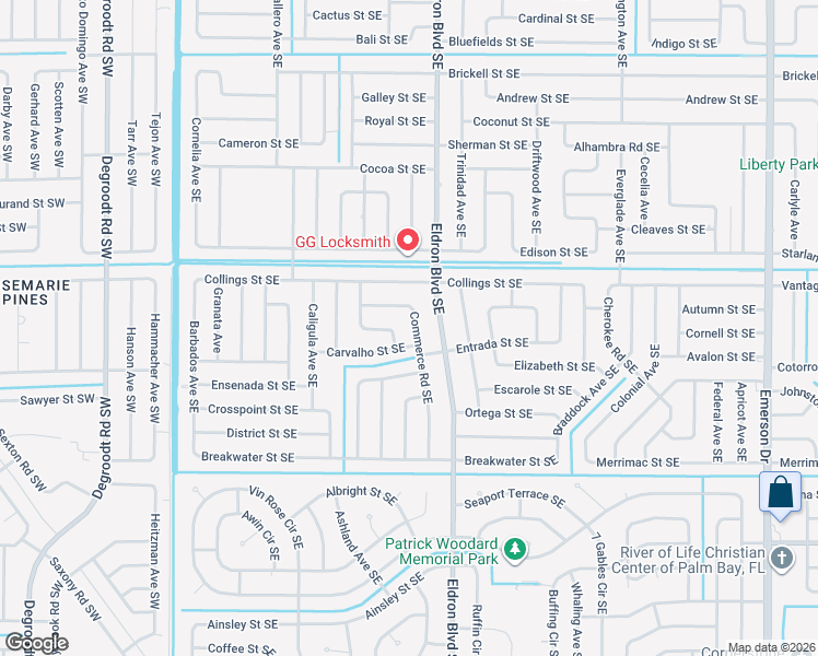 map of restaurants, bars, coffee shops, grocery stores, and more near 974 Commerce Road Southeast in Palm Bay