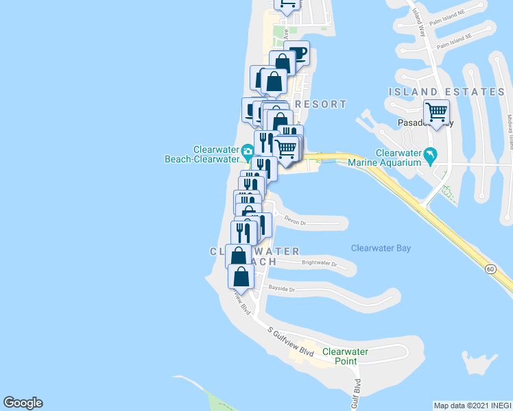 map of restaurants, bars, coffee shops, grocery stores, and more near 100 Coronado Drive in Clearwater