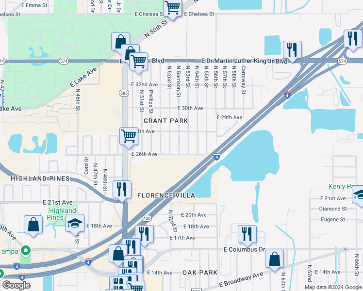 map of restaurants, bars, coffee shops, grocery stores, and more near 3411 North Garrison Street in Tampa