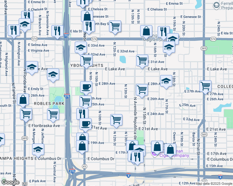 map of restaurants, bars, coffee shops, grocery stores, and more near 3411 North 11th Street in Tampa