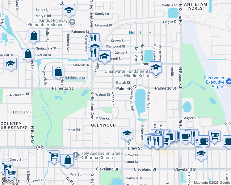 map of restaurants, bars, coffee shops, grocery stores, and more near 1575 Palmetto Street in Clearwater