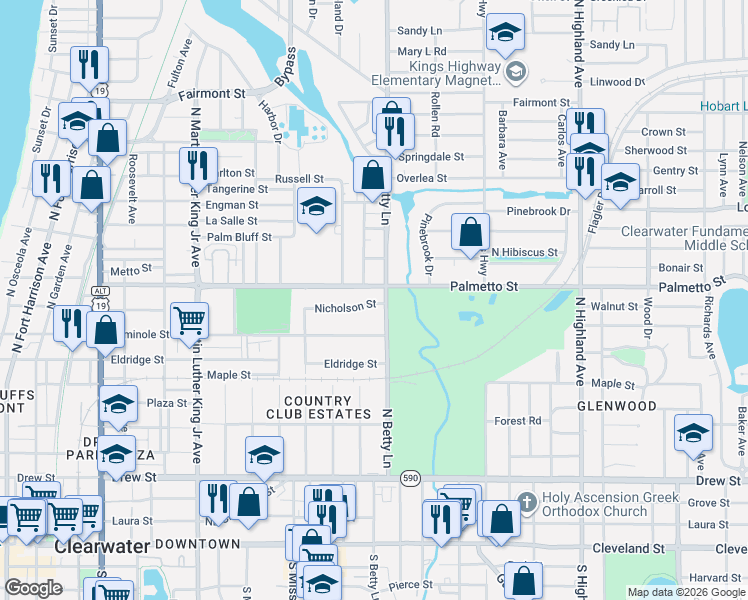 map of restaurants, bars, coffee shops, grocery stores, and more near 900 North Betty Lane in Clearwater