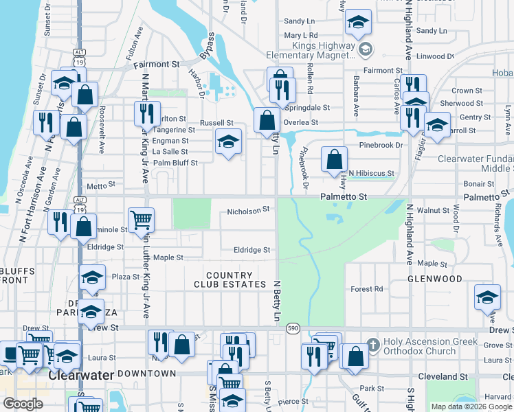 map of restaurants, bars, coffee shops, grocery stores, and more near 1270 Nichalson Street in Clearwater