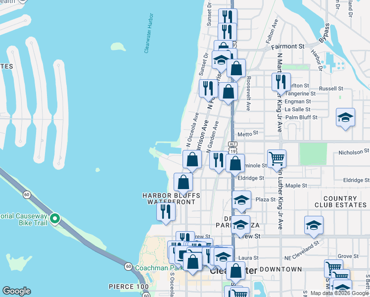 map of restaurants, bars, coffee shops, grocery stores, and more near 900 North Fort Harrison Avenue in Clearwater