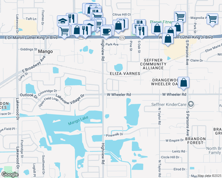 map of restaurants, bars, coffee shops, grocery stores, and more near 2102 Nuttall Oaks Place in Brandon