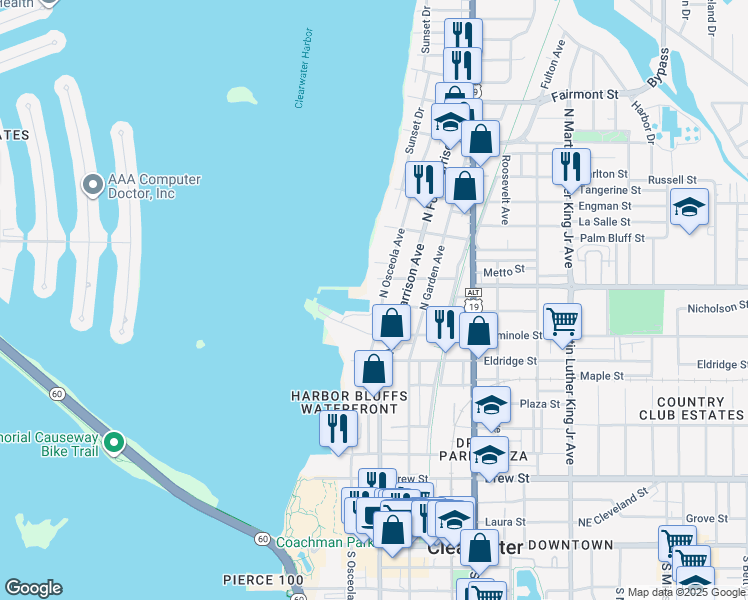 map of restaurants, bars, coffee shops, grocery stores, and more near 900 North Fort Harrison Avenue in Clearwater