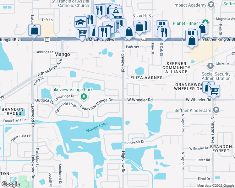 map of restaurants, bars, coffee shops, grocery stores, and more near 1402 Thistledown Dr in Brandon