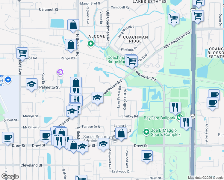 map of restaurants, bars, coffee shops, grocery stores, and more near 951 Forrest Glen Road in Clearwater