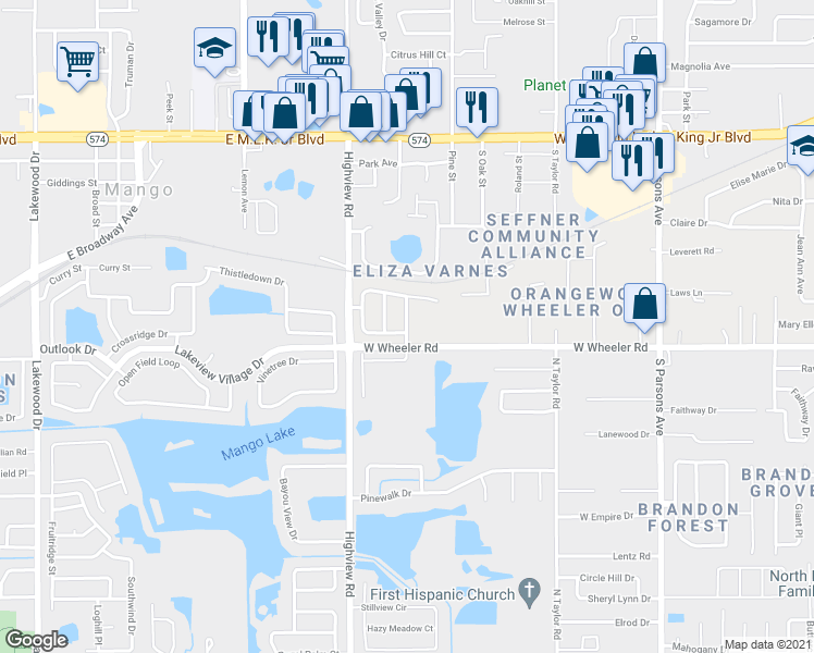 map of restaurants, bars, coffee shops, grocery stores, and more near 1104 Lake Highview Lane in Brandon