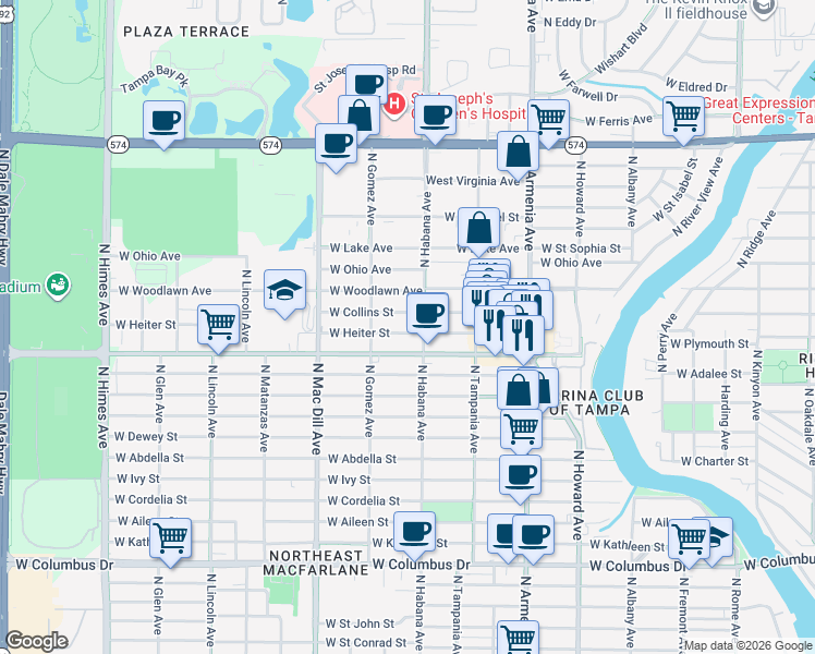 map of restaurants, bars, coffee shops, grocery stores, and more near 2907 West Heiter Street in Tampa