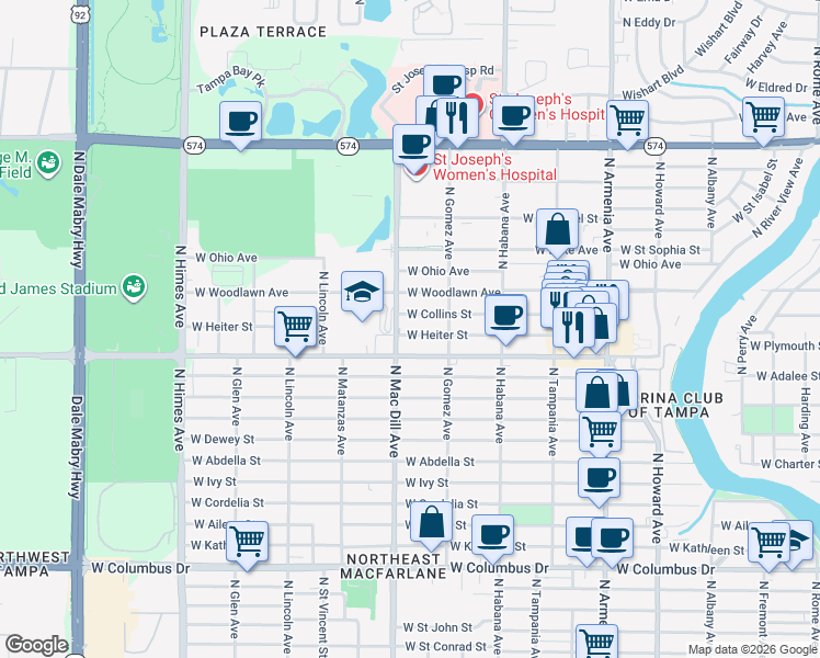 map of restaurants, bars, coffee shops, grocery stores, and more near 3017 West Heiter Street in Tampa