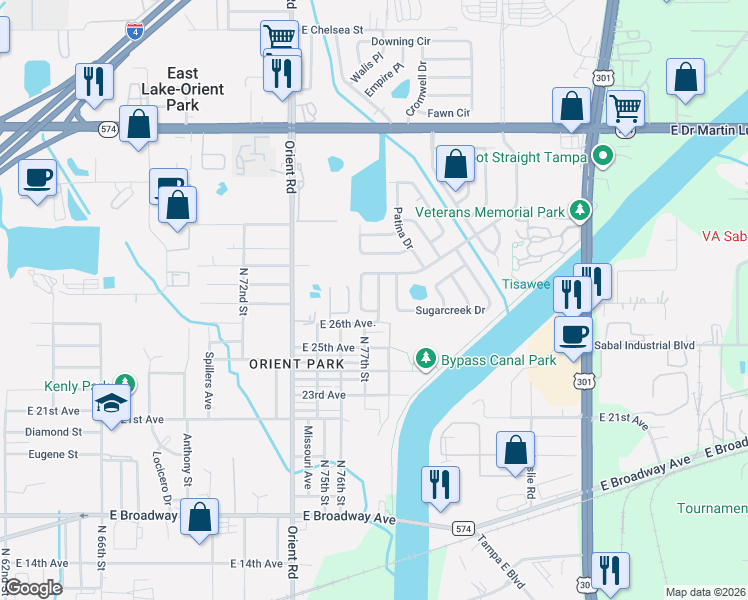 map of restaurants, bars, coffee shops, grocery stores, and more near 3408 Myrica Street in Tampa